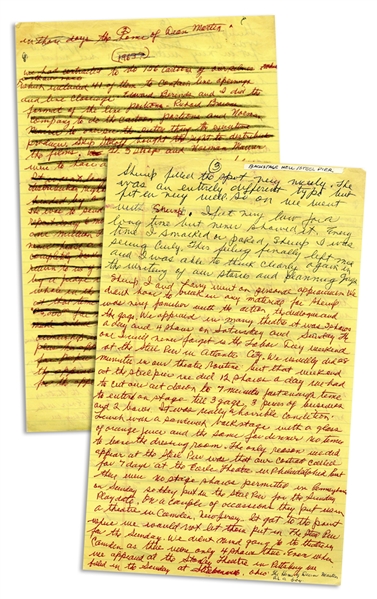 Moe Howard's Handwritten Manuscript Page When Writing His Autobiography -- The 3 Stooges After Curly: ''Every time I smacked or poked Shemp I was seeing Curly'' -- Two Pages on One 8'' x 12.5'' Sheet